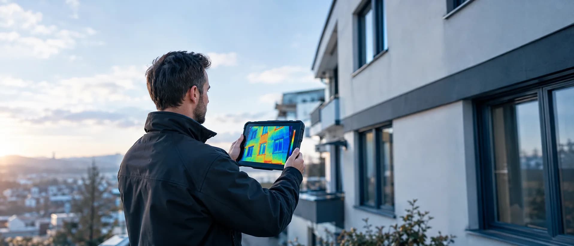 Architekt bei der Planung mit Bauplänen und einem 3D-Modell