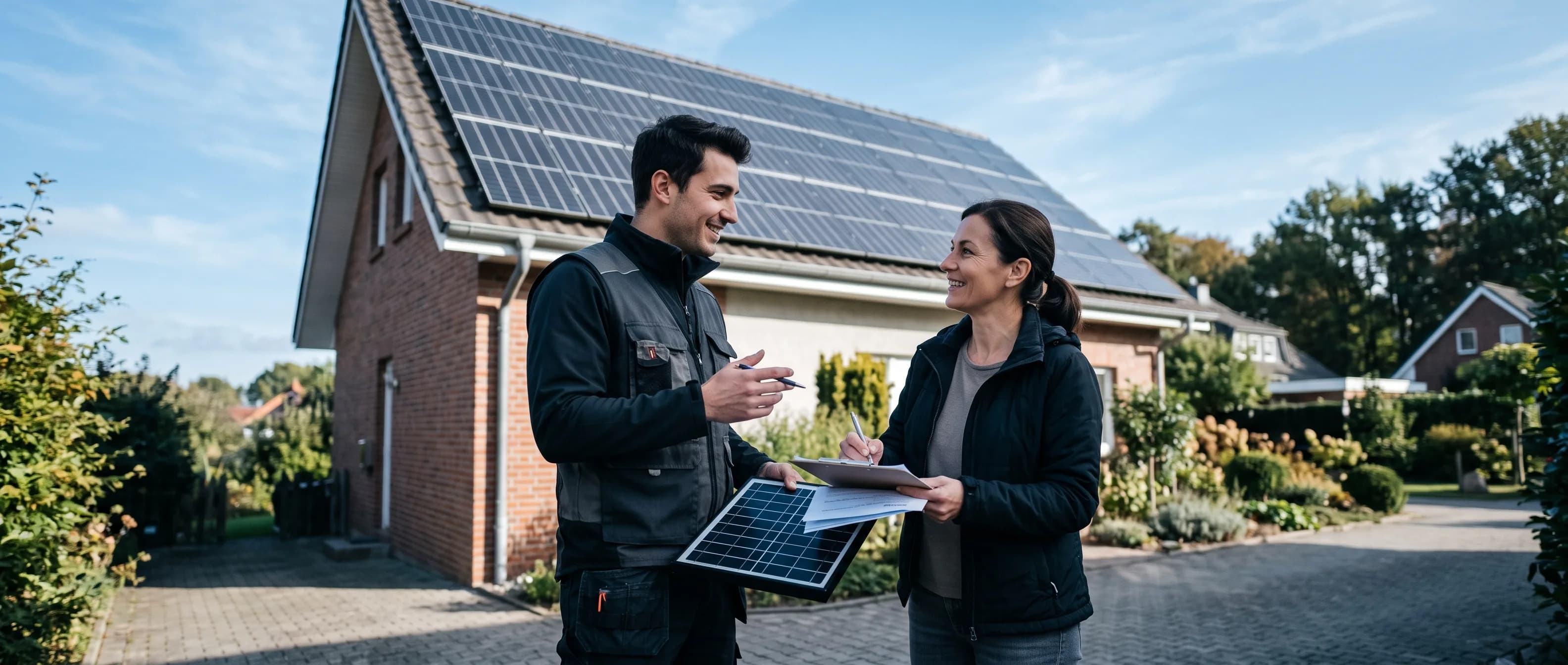 Vertriebsmitarbeiter für Photovoltaik auf einem Hausdach