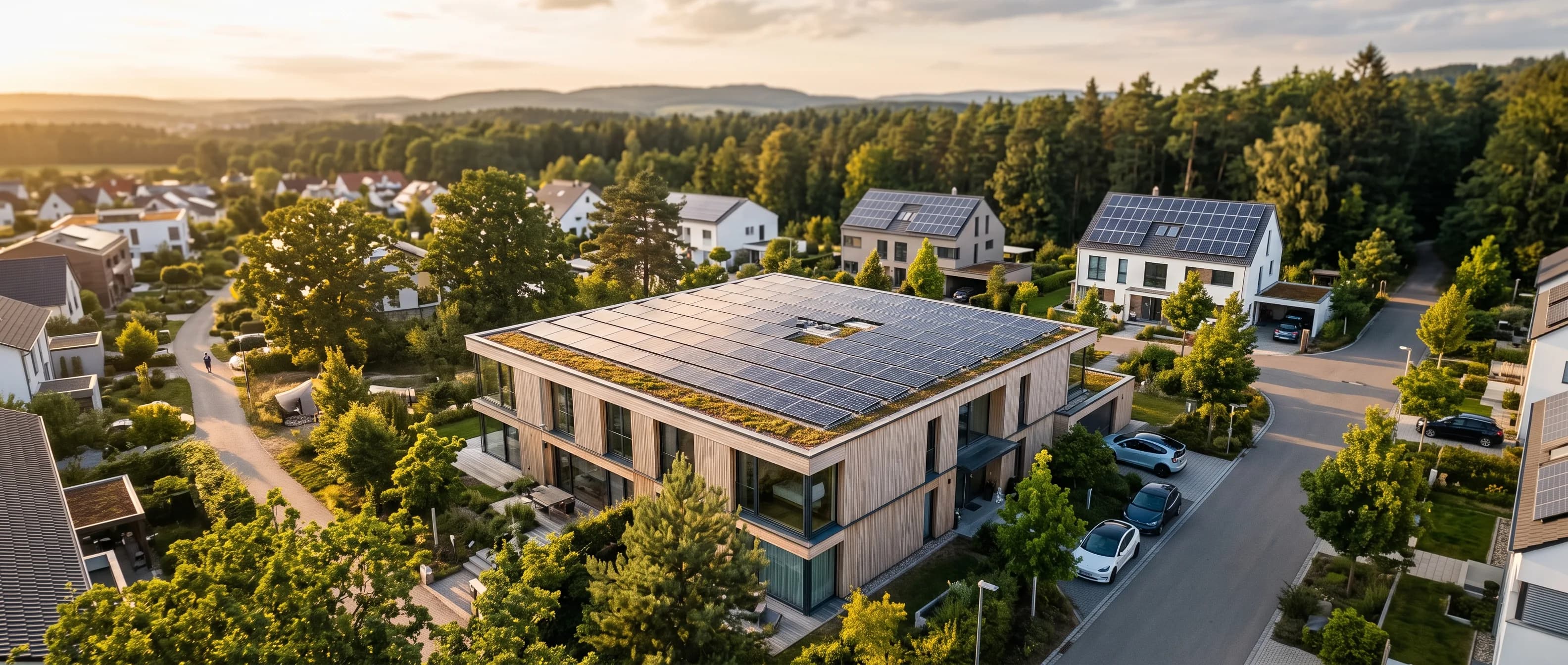 Modernes Wohnhaus mit Blick auf das Dach