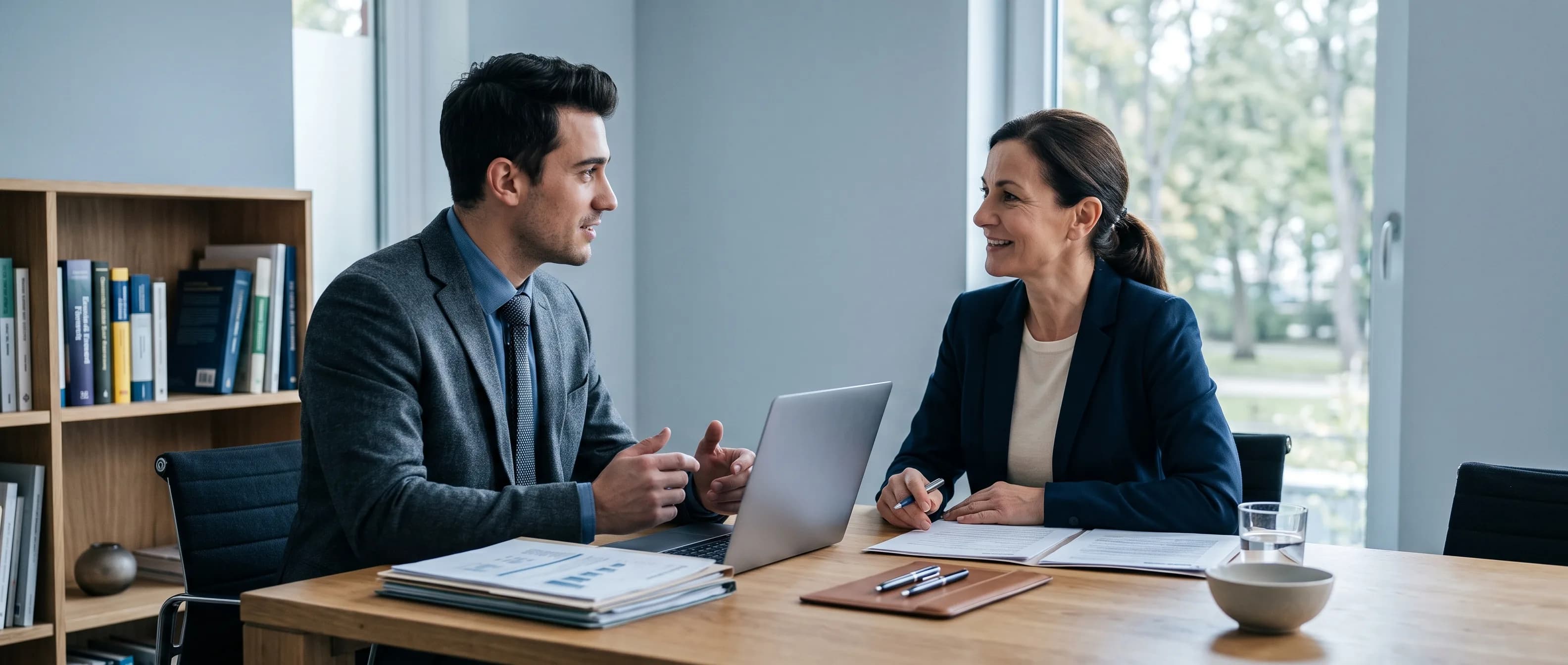 Finanzberater im Beratungsgespräch mit Unterlagen auf dem Tisch